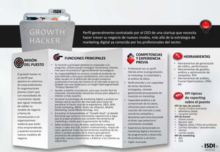 • Profesional con un perfil
híbrido entre la programación,
el marketing, la creatividad y
el análisis de datos.
• Perfil atrevido y con capacidad
de tomar decisiones
arriesgadas, cómodo
gestionando presupuestos de
inversión en marketing.
• Capacidad analítica y de
comprensión de los datos,
minucioso para rastrear la
reacción del mercado a cada
una de las campañas y
decisiones que toma buscando
el driver que potencia el
crecimiento escalable.
• Experiencia demostrable en
marketing digital y funciones
de programación y desarrollo
de productos y servicios.
• Inglés avanzado
COMPETENCIAS
Y EXPERIENCIA
PREVIA
FUNCIONES PRINCIPALES
• Su función y principal objetivo es responder a la
pregunta: ¿Cómo puedo conseguir muchísimos clientes
más para mi producto? (generalmente tecnológico)
• Su responsabilidad no arranca cuando el producto ya
está definido y listo para marketearlo; sino más bien
debe ayudar en la definición del propio producto
analizando el encaje del mismo en el mercado al que va
dirigido con una audiencia y un target hipersegmentado
“Product Market Fit”.
• Ayudar a diseñar el producto, para que resulte fácil de
consumir; encontrando soluciones únicas para adquirir y
retener a más usuarios.
• Accionar la estrategia de marketing digital y analizar en
tiempo real la reacción del mercado para tratar de
encontrar el factor viral de la experiencia. (SEO, SEM,
Email marketing, BBDD, Redes de afiliación, Mobile
Marketing, Social Media Strategy, etc)
• Encontrar la funcionalidad, el “Growth Hack”; el detalle
funcional que activa el crecimiento exponencial y logra
que el propio producto sea también herramienta de
marketing y medio para la generación de tráfico.
• Debe analizar el caso de éxito; optimizarlo y mejorar.
Llevar a cabo test A/B, análisis multivariantes, mapas de
calor; gestionar todas las herramientas analíticas de los
sitios y canales propios de la marca para generar
escenarios de comportamiento de cliente y seguir
logrando nuevas conversiones y fidelizar a los clientes ya
adquiridos.
El growth hacker es
un perfil que
aparece en entornos
de emprendimiento.
En organizaciones
jóvenes (start ups)
con necesidades de
crecimiento rápido
que siguen tratando
de validar su
modelo de negocio
y forma de
monetización o en
organizaciones
maduras que están
intra-emprendiendo
y quieren encontrar
nuevos modelos de
negocio.
MISIÓN
DEL PUESTO
GROWTH
HACKER
Perfil generalmente contratado por el CEO de una startup que necesita
hacer crecer su negocio de nuevos modos, más allá de la estrategia de
marketing digital ya conocida por los profesionales del sector.
KPI típicos
de reporting
sobre el puesto
KPI de tipo de usuario
• Visitas (Trafico entrante)
• Miembros (lead)
• Usuarios (venta)
KPI de funnel
• Visitas únicas
• Bounce rate
• Páginas vistas / ficha de producto
• Carritos llenados / abandonados
• Ventas
• Carrito medio
KPI de marketing
• ROI
• CPA
HERRAMIENTAS
• Herramientas de generación
de tráfico, performance
• Herramientas de gestión,
análisis y optimización de
campañas. ROI
• Herramientas de análisis,
Funnel Optimization, CRM,
etc
 