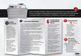 • Conocimiento profundo del
negocio digital y de sus
productos y servicios
• Experiencia demostrable en
diseño, desarrollo y
generación de productos y
servicios digitales
• Capacidad empática y de
escucha activa con la
organización o con tu cliente,
para ser capaz de recoger un
problema o necesidad y
ofrecer una solución sencilla
gracias a la tecnología.
• Experto en procesos de
investigación y de innovación
centrada en el usuario, en
procesos de divergencia y
convergencia.
• 4 años de experiencia en
digital, experiencia en diseño
de productos o servicios
web, mobiles, etc.
• Capacidad de comunicación
para argumentación
COMPETENCIAS
Y EXPERIENCIA
PREVIA
FUNCIONES PRINCIPALES
• Liderar la conversación con la organización o con el
cliente, (si estás en entorno de agencia); para
recoger la realidad del negocio y entender las
necesidades y expectativas del mismo.
• Arrancar un proceso de investigación para poder
comprender el negocio, el producto y el target o
cliente.
• Gracias a un análisis socio-cultural del target para
construir a las “personas” que van a consumir ese
producto o servicio.
• Desarrollar y generar escenarios posibles para
conocer dónde, como y cuando el usuario se va a
relacionar con ese producto o servicio. Realizar un
benchmarking de la competencia para identificar si
ese producto o servicio existe, es adecuado y
oportuno para un desarrollo.
• Ayudar en el desarrollo y diseño del producto o
servicio; (tanto en el back end como en el front end)
 Arquitectura de la información y diseño e
interacción de los elementos y procesos. De los
flujos del producto o servicio
 Diseño estructural a través de wireframes y
prototipado para introducir ya la interacción
 Desarrollo del producto y diseño del mismo
 Testing de la solución y mejora de la misma
 Lanzamiento
Ayudar a la
organización o al
cliente, (empresa
final y/o agencia) a
traducir una idea de
producto o servicio
y diseñar la solución
a través de la cual la
organización quiere
relacionarse con el
usuario (prospect o
cliente)
Deberá reconvertir
la necesidad de la
organización y
diseñar la
experiencia del
cliente a través de la
tecnología,
contenido y diseño.
Tiene resposabilidad
técnica, de negocio
y de producto.
MISIÓN
DEL PUESTO
SERVICE
DESIGN
STRATEGIST
El Service Design Strategist, trabaja de modo transversal en el equipo digital del
cliente o de la agencia. Reportando directamente al CDO, CMO, CTO & CIO, trabaja
con programadores, desarrolladores, diseñadores y consultores de usabilidad.
KPI típicos
de reporting
sobre el puesto
Según objetivo: Venta, Descarga,
Engagement, Juego, etc
• ROI, ARPU, LTV, etc
• Nº de descargas
• Nº de usuarios &
usuarios activos
• Satisfacción de cliente
• Nº de incidencias,
reducción de las misma
HERRAMIENTAS
• Paquete Office,
Herramienteas de
prototipado y
wireframes,
Arquitectura de
la información,
Flujos de
navegación,
Mapas mentales
Por ej; Omnigraffle,
Axure, Balsamiq
 