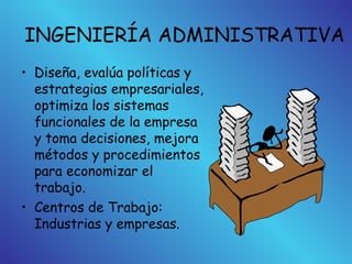 INGENIERÍA ADMINISTRATIVA
• Diseña, evalúa políticas y
estrategias empresariales,
optimiza los sistemas
funcionales de la empresa
y toma decisiones, mejora
métodos y procedimientos
para economizar el
trabajo.
• Centros de Trabajo:
Industrias y empresas.
 