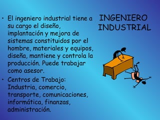 INGENIERO
INDUSTRIAL
• El ingeniero industrial tiene a
su cargo el diseño,
implantación y mejora de
sistemas constituidos por el
hombre, materiales y equipos,
diseña, mantiene y controla la
producción. Puede trabajar
como asesor.
• Centros de Trabajo:
Industria, comercio,
transporte, comunicaciones,
informática, finanzas,
administración.
 