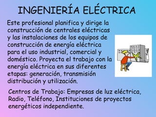 INGENIERÍA ELÉCTRICA
Este profesional planifica y dirige la
construcción de centrales eléctricas
y las instalaciones de los equipos de
construcción de energía eléctrica
para el uso industrial, comercial y
doméstico. Proyecta el trabajo con la
energía eléctrica en sus diferentes
etapas: generación, transmisión
distribución y utilización.
Centros de Trabajo: Empresas de luz eléctrica,
Radio, Teléfono, Instituciones de proyectos
energéticos independiente.
 