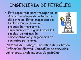 INGENIERIA DE PETRÓLEO
• Está capacitado para trabajar en las
diferentes etapas de la Industria
del petróleo. Estas etapas son de:
Exploración, perforación,
producción, transporte,
almacenamiento, algunos procesos
simples de refinación,
comercialización y negociación de
contratos petroleros.
•Centros de Trabajo: Industria del Petróleo,
Refinerías, Plantas, Compañías de servicios
petroleros, explotadoras de petróleo.
 