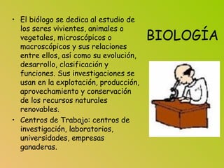 BIOLOGÍA
• El biólogo se dedica al estudio de
los seres vivientes, animales o
vegetales, microscópicos o
macroscópicos y sus relaciones
entre ellos, así como su evolución,
desarrollo, clasificación y
funciones. Sus investigaciones se
usan en la explotación, producción,
aprovechamiento y conservación
de los recursos naturales
renovables.
• Centros de Trabajo: centros de
investigación, laboratorios,
universidades, empresas
ganaderas.
 