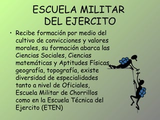 ESCUELA MILITAR
DEL EJERCITO
• Recibe formación por medio del
cultivo de convicciones y valores
morales, su formación abarca las
Ciencias Sociales, Ciencias
matemáticas y Aptitudes Físicas,
geografía, topografía, existe
diversidad de especialidades
tanto a nivel de Oficiales,
Escuela Militar de Chorrillos
como en la Escuela Técnica del
Ejercito (ETEN)
 