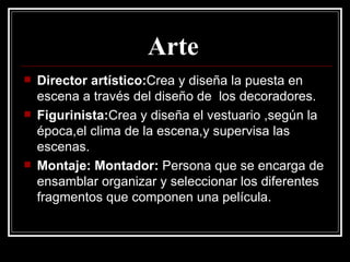 Arte   Director artístico: Crea y diseña la puesta en escena a través del diseño de  los decoradores. Figurinista: Crea y diseña el vestuario ,según la época,el clima de la escena,y supervisa las escenas.   Montaje: Montador:  Persona que se encarga de ensamblar organizar y seleccionar los diferentes fragmentos que componen una película. 