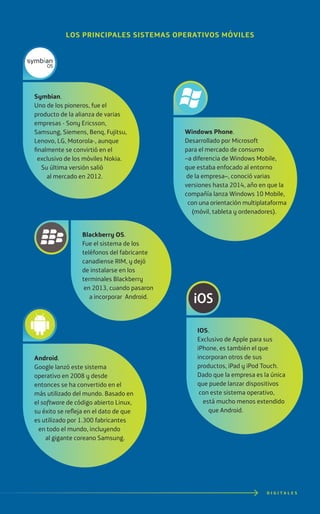 LOS PRINCIPALES SISTEMAS OPERATIVOS MÓVILES
D I G I T A L E S
Symbian.
Uno de los pioneros, fue el
producto de la alianza de varias
empresas - Sony Ericsson,
Samsung, Siemens, Benq, Fujitsu,
Lenovo, LG, Motorola-, aunque
finalmente se convirtió en el
exclusivo de los móviles Nokia.
Su última versión salió
al mercado en 2012.
Blackberry OS.
Fue el sistema de los
teléfonos del fabricante
canadiense RIM, y dejó
de instalarse en los
terminales Blackberry
en 2013, cuando pasaron
a incorporar Android.
IOS.
Exclusivo de Apple para sus
iPhone, es también el que
incorporan otros de sus
productos, iPad y iPod Touch.
Dado que la empresa es la única
que puede lanzar dispositivos
con este sistema operativo,
está mucho menos extendido
que Android.
Android.
Google lanzó este sistema
operativo en 2008 y desde
entonces se ha convertido en el
más utilizado del mundo. Basado en
el software de código abierto Linux,
su éxito se refleja en el dato de que
es utilizado por 1.300 fabricantes
en todo el mundo, incluyendo
al gigante coreano Samsung.
Windows Phone.
Desarrollado por Microsoft
para el mercado de consumo
–a diferencia de Windows Mobile,
que estaba enfocado al entorno
de la empresa–, conoció varias
versiones hasta 2014, año en que la
compañía lanza Windows 10 Mobile,
con una orientación multiplataforma
(móvil, tableta y ordenadores).
 
