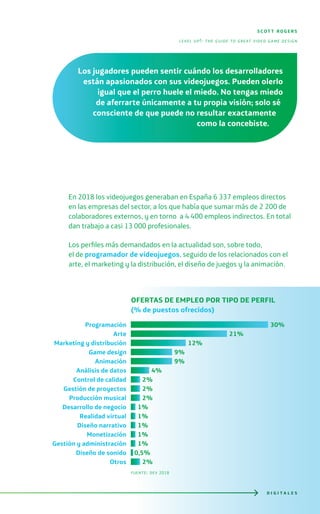 En 2018 los videojuegos generaban en España 6 337 empleos directos
en las empresas del sector, a los que había que sumar más de 2 200 de
colaboradores externos, y en torno a 4 400 empleos indirectos. En total
dan trabajo a casi 13 000 profesionales.
Los perfiles más demandados en la actualidad son, sobre todo,
el de programador de videojuegos, seguido de los relacionados con el
arte, el marketing y la distribución, el diseño de juegos y la animación.
D I G I T A L E SD I G I T A L E S
scot t rogers
level up!: the guide to great video game design
Los jugadores pueden sentir cuándo los desarrolladores
están apasionados con sus videojuegos. Pueden olerlo
igual que el perro huele el miedo. No tengas miedo
de aferrarte únicamente a tu propia visión; solo sé
consciente de que puede no resultar exactamente
como la concebiste.
OFERTAS DE EMPLEO POR TIPO DE PERFIL
(% de puestos ofrecidos)
Producción musical
Programación
Desarrollo de negocio
Arte
Realidad virtual
Marketing y distribución
Diseño narrativo
Game design
Monetización
Animación
Gestión y administración
Análisis de datos
Diseño de sonido
Control de calidad
Otros
Gestión de proyectos
2%
30%
1%
21%
1%
12%
1%
9%
1%
9%
1%
4%
0,5%
2%
2%
2%
fuente: dev 2018
 