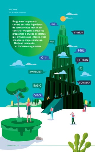 P R O F E S I O N E S
rick cook
the wizardry compiled
Programar hoy es una
carrera entre los ingenieros
de software que luchan por
construir mayores y mejores
programas a prueba de idiotas,
y el Universo que intenta crear
mayores y mejores idiotas.
Hasta el momento,
el Universo va ganando.
 