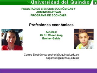 Profesiones económicas
Autores:
Qi En Chen Liang
Breiner Galvis
Correo Electrónico: qechenl@uqvirtual.edu.co
bagalvisa@uqvirtual.edu.co
FACULTAD DE CIENCIAS ECONÓMICAS Y
ADMINISTRATIVAS
PROGRAMA DE ECONOMÍA
 