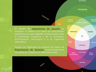 El diseño de experiencia de usuario es
exclusivo ni relativo a un área de conocimiento
específica sino que engloba muchas areas como
la psicología cognitiva y de la conducta,
antropología, sociología o a la ingeniera
informática.

Suelen ser habituales los equipos de diseño de
Experiencia de Usuario multidisciplinares
formados por expertos en diferentes áreas.
 