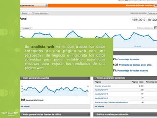 Un analista web es el que analiza los datos
obtenidos de una página web con una
perspectiva de negocio e interpreta los datos
obtenidos para poder establecer estrategias
efectivas para mejorar los resultados de una
página web
 