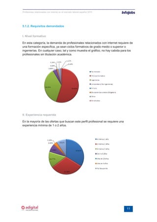 Profesiones relacionadas con internet en el mercado laboral español 2010




5.1.2. Requisitos demandados


I. Nivel formativo

En esta categoría, la demanda de profesionales relacionados con internet requiere de
una formación específica, ya sean ciclos formativos de grado medio o superior o
ingenierías. En cualquier caso, tal y como muestra el gráfico, no hay cabida para los
profesionales sin titulación académica.




II. Experiencia requerida

En la mayoría de las ofertas que buscan este perfil profesional se requiere una
experiencia mínima de 1 o 2 años.




                                                                                  11
 