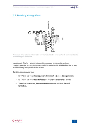 Profesiones relacionadas con internet en el mercado laboral español 2010




5.3. Diseño y artes gráficas




Relevancia de las palabras relacionadas con internet utilizadas en las ofertas de empleo analizadas
en esta categoría profesional



La categoría Diseño y artes gráficas está compuesta fundamentalmente por
profesionales que se dedican al diseño gráfico de elementos relacionados con la web,
su usabilidad y la experiencia del usuario.

También cabe destacar que:

    •    El 67% de las vacantes requieren al menos 1 o 2 años de experiencia.

    •    El 15% de las vacantes ofertadas no requieren experiencia previa.

    •    A nivel de formación, se demandan claramente estudios de ciclo
         formativo.




                                                                                            19
 