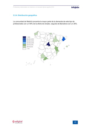 Profesiones relacionadas con internet en el mercado laboral español 2010




5.3.4. Distribución geográfica


La comunidad de Madrid concentra la mayor parte de la demanda de este tipo de
profesionales con un 49% de la oferta de empleo, seguida de Barcelona con un 26%.




                                                                             23
 