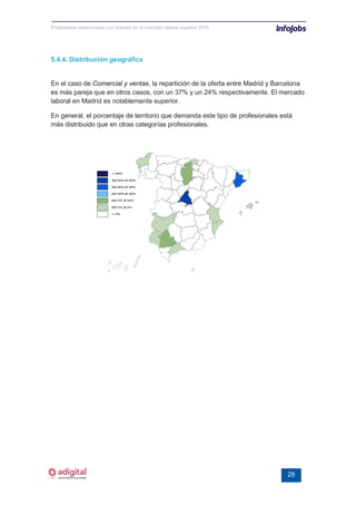 Profesiones relacionadas con internet en el mercado laboral español 2010




5.4.4. Distribución geográfica


En el caso de Comercial y ventas, la repartición de la oferta entre Madrid y Barcelona
es más pareja que en otros casos, con un 37% y un 24% respectivamente. El mercado
laboral en Madrid es notablemente superior.

En general, el porcentaje de territorio que demanda este tipo de profesionales está
más distribuido que en otras categorías profesionales.




                                                                                 28
 