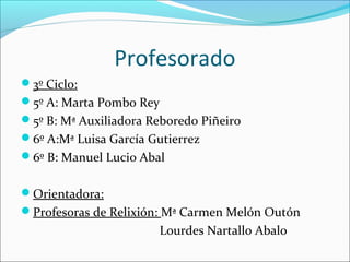 Profesorado
3º Ciclo:
5º A: Marta Pombo Rey
5º B: Mª Auxiliadora Reboredo Piñeiro
6º A:Mª Luisa García Gutierrez
6º B: Manuel Lucio Abal
Orientadora:
Profesoras de Relixión: Mª Carmen Melón Outón
Lourdes Nartallo Abalo