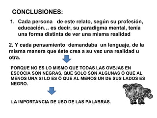 CONCLUSIONES:
1. Cada persona de este relato, según su profesión,
   educación… es decir, su paradigma mental, tenía
   una forma distinta de ver una misma realidad

2. Y cada pensamiento demandaba un lenguaje, de la
misma manera que éste crea a su vez una realidad u
otra.
PORQUE NO ES LO MISMO QUE TODAS LAS OVEJAS EN
ESCOCIA SON NEGRAS, QUE SOLO SON ALGUNAS Ó QUE AL
MENOS UNA SI LO ES Ó QUE AL MENOS UN DE SUS LADOS ES
NEGRO.



LA IMPORTANCIA DE USO DE LAS PALABRAS.
 
