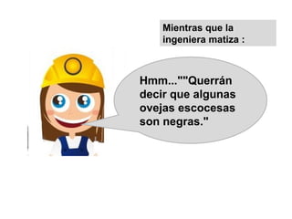 Mientras que la
    ingeniera matiza :



Hmm...""Querrán
decir que algunas
ovejas escocesas
son negras."
 