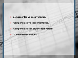 Componentes ya desarrollados. Componentes ya experimentados. Componentes con experiencia Parcial. Componentes nuevos. 