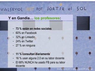 Y en Gandia… los profesores:
-

73 % están en redes sociales
60% en Facebook
32% en Linkedin
24% en Twitter
27 % en ninguna

- 11 % consultan diariamente
- 16 % usan alguna 2.0 en su labor docente
- El 68% NUNCA ha usado FB para su labor
docente
Encuesta diciembre 2011 en campus de Gandia UPV, by Luis lópez

 