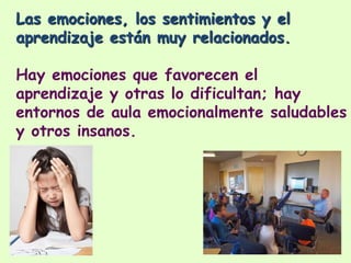 Las emociones, los sentimientos y el
aprendizaje están muy relacionados.
Hay emociones que favorecen el
aprendizaje y otras lo dificultan; hay
entornos de aula emocionalmente saludables
y otros insanos.
 