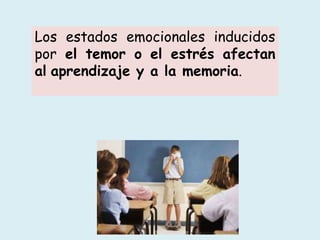 Los estados emocionales inducidos
por el temor o el estrés afectan
al aprendizaje y a la memoria.
 