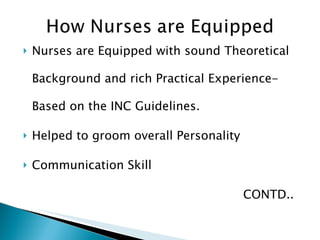 Nurses are Equipped with sound Theoretical Background and rich Practical Experience- Based on the INC Guidelines. Helped to groom overall Personality Communication Skill CONTD.. 
