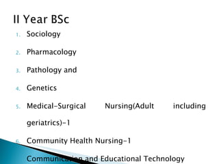 Sociology Pharmacology Pathology and Genetics Medical-Surgical Nursing(Adult including geriatrics)-1 Community Health Nursing-1 Communication and Educational Technology 