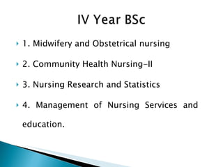 1. Midwifery and Obstetrical nursing 2. Community Health Nursing-II 3. Nursing Research and Statistics 4. Management of Nursing Services and  education. 