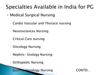 Medical Surgical Nursing Cardio Vascular and Thoracic nursing Neurosciences Nursing Critical Care nursing Oncology Nursing Nephro- Urology Nursing Orthopedic Nursing Gastroenterology Nursing CONTD… 