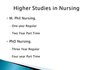 M. Phil Nursing. One year Regular Two Year Part Time PhD Nursing. Three Year Regular Four year Part Time 