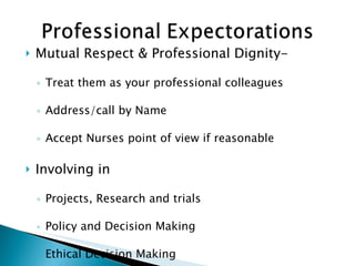 Mutual Respect & Professional Dignity-  Treat them as your professional colleagues Address/call by Name Accept Nurses point of view if reasonable Involving in  Projects, Research and trials Policy and Decision Making Ethical Decision Making 