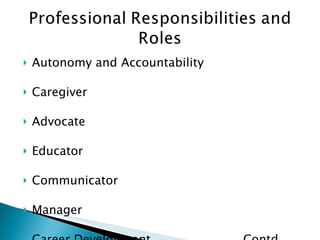 Autonomy and Accountability Caregiver Advocate Educator Communicator Manager Career Development  Contd… 