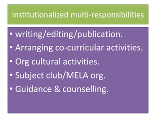 Institutionalized multi-responsibilities
• writing/editing/publication.
• Arranging co-curricular activities.
• Org cultural activities.
• Subject club/MELA org.
• Guidance & counselling.
 