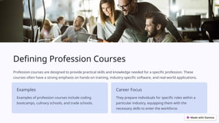 Defining Profession Courses
Profession courses are designed to provide practical skills and knowledge needed for a specific profession. These
courses often have a strong emphasis on hands-on training, industry-specific software, and real-world applications.
Examples
Examples of profession courses include coding
bootcamps, culinary schools, and trade schools.
Career Focus
They prepare individuals for specific roles within a
particular industry, equipping them with the
necessary skills to enter the workforce.
 