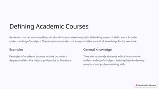 Defining Academic Courses
Academic courses are more theoretical and focus on developing critical thinking, research skills, and a broader
understanding of a subject. They emphasize intellectual inquiry and the pursuit of knowledge for its own sake.
Examples
Examples of academic courses include bachelor's
degrees in fields like history, philosophy, or literature.
General Knowledge
They aim to provide students with a foundational
understanding of a subject, helping them to develop
analytical and problem-solving skills.
 