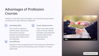 Advantages of Profession
Courses
Profession courses offer several advantages, such as practical training, industry
connections, and a clear pathway to employment.
1 Job-Ready Skills
The curriculum is tailored to
meet the specific requirements
of the industry, ensuring
graduates are equipped with the
necessary skills to perform their
roles effectively.
2 Career Advancement
These courses often provide
access to industry networks,
internships, and potential job
placement opportunities,
accelerating career
advancement.
3 Cost-Effective
Profession courses are typically shorter and more focused, making them a
cost-effective option for those seeking a career transition or to acquire
specific skills.
 