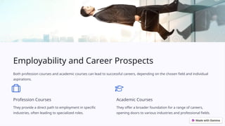 Employability and Career Prospects
Both profession courses and academic courses can lead to successful careers, depending on the chosen field and individual
aspirations.
Profession Courses
They provide a direct path to employment in specific
industries, often leading to specialized roles.
Academic Courses
They offer a broader foundation for a range of careers,
opening doors to various industries and professional fields.
 