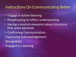 • Engage in active listening
• Paraphrasing to reflect understanding
• Having a neutral viewpoint about situations
that seem personal
• Confirming Communication:
-Expressing Acknowledgement
-Recognition
-Engaged in Listening
 