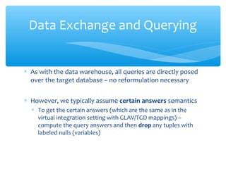 ∗ As with the data warehouse, all queries are directly posed
over the target database – no reformulation necessary
∗ However, we typically assume certain answers semantics
∗ To get the certain answers (which are the same as in the
virtual integration setting with GLAV/TGD mappings) –
compute the query answers and then drop any tuples with
labeled nulls (variables)
Data Exchange and Querying
 