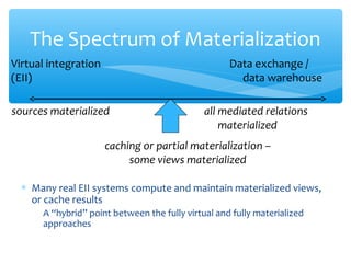 ∗ Many real EII systems compute and maintain materialized views,
or cache results
A “hybrid” point between the fully virtual and fully materialized
approaches
The Spectrum of Materialization
Virtual integration
(EII)
Data exchange /
data warehouse
sources materialized all mediated relations
materialized
caching or partial materialization –
some views materialized
 