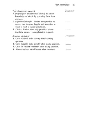Peer observation 97
Type of response required
1. Display/fact. Student must display his or her
knowledge of a topic by providing facts from
memory.
2. Referential/thought. Student must provide an
answer that involves thought and reasoning in
order to reach a logical conclusion.
3. Choice. Student must only provide a yes/no,
true/false answer - no explanation required.
Selection of student
1. Calls student's name directly before asking
question.
2. Calls student's name directly after asking question.
3. Calls for student volunteers after asking question.
4. Allows students to self-select when to answer.
Frequency
Frequency
 