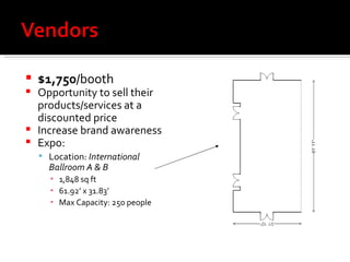 $1,750 /booth   Opportunity to sell their products/services at a discounted price Increase brand awareness Expo: Location:  International Ballroom A & B 1,848 sq ft 61.92’ x 31.83’ Max Capacity: 250 people 