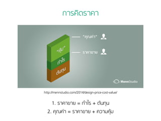 การคิดราคา 
http://mennstudio.com/2014/design-price-cost-value/ 
1. ราคาขาย = กำไร + ต้นทุน 
2. คุณค่า = ราคาขาย + ความคุ้ม 
 