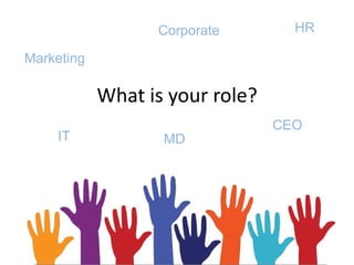 Corporate        HR

Marketing

            What is your role?
                                 CEO
    IT             MD
 