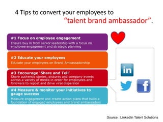 4 Tips to convert your employees to
                 “talent brand ambassador”.




                                Source : LinkedIn Talent Solutions
 