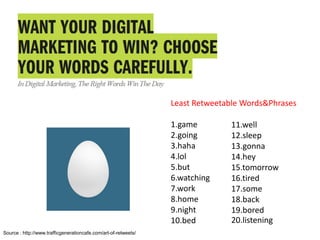 Least Retweetable Words&Phrases

                                                                 1.game        11.well
                                                                 2.going       12.sleep
                                                                 3.haha        13.gonna
                                                                 4.lol         14.hey
                                                                 5.but         15.tomorrow
                                                                 6.watching    16.tired
                                                                 7.work        17.some
                                                                 8.home        18.back
                                                                 9.night       19.bored
                                                                 10.bed        20.listening
Source : http://www.trafficgenerationcafe.com/art-of-retweets/
 