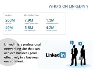 LinkedIn is a professional
networking site that can
achieve business goals
effectively in a business
environment.
 