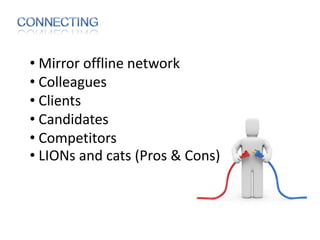 • Mirror offline network
• Colleagues
• Clients
• Candidates
• Competitors
• LIONs and cats (Pros & Cons)
 