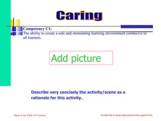 Competency C1:  The ability to create a safe and stimulating learning environment conducive to all learners. Back to the Table of Contents Caring Add picture Describe very concisely the activity/scene as a rationale for this activity. . Provide link to lesson plan/activity that supports this. 